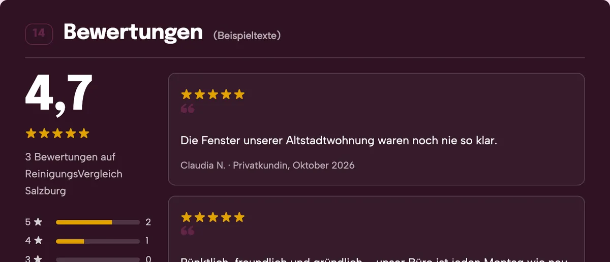 Bewertungsbereich mit Note, Sternverteilung, Google-Karte und Antwort der Firma
