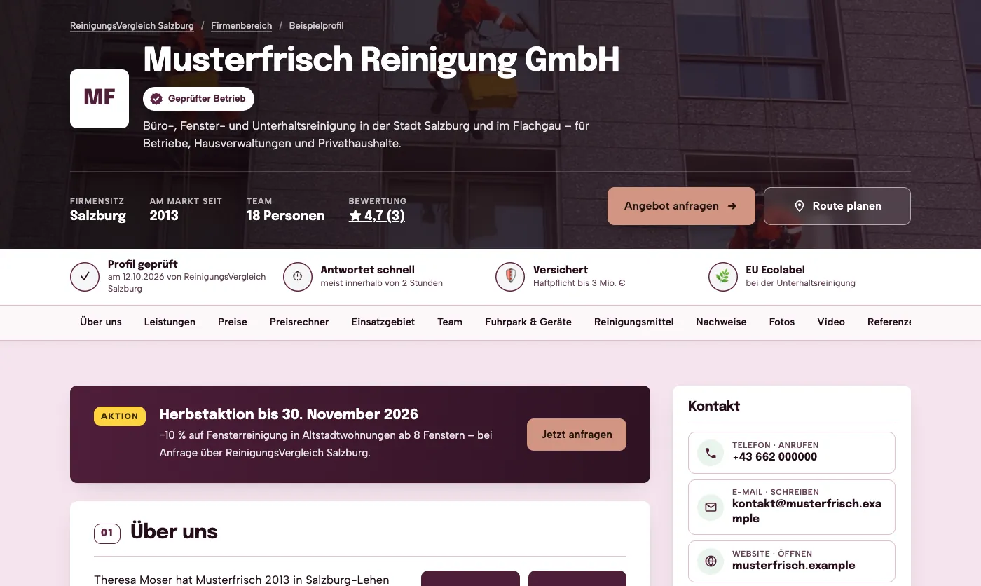 Beispielprofil am Computer: Kopf mit Siegel, Vertrauensleiste, Aktion und Kontakt