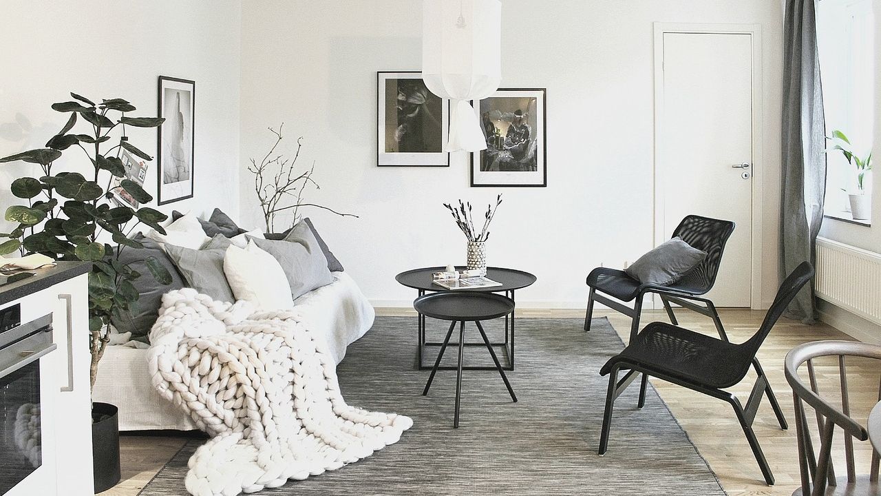 Aufgeräumtes Wohnzimmer mit Sofa
